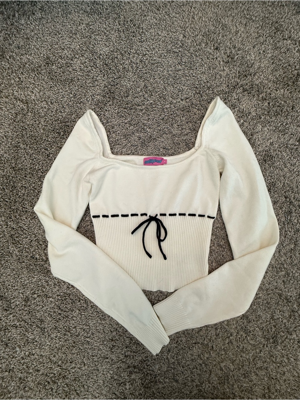 Edikted Cream Square Neck Ribbed Sweater with Black Tie Detail
